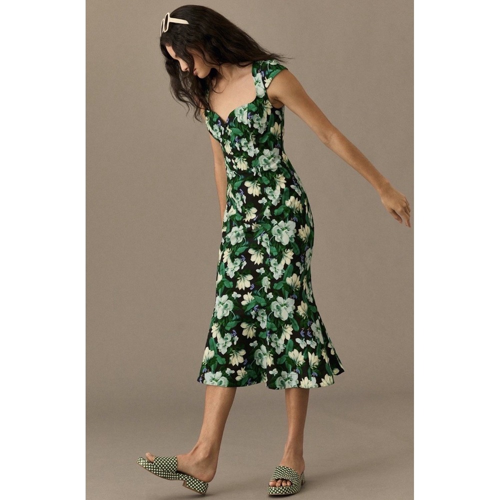 Anthropologie Petite M The Cecily fit & flare Sweetheart Black Floral MIDI Dress